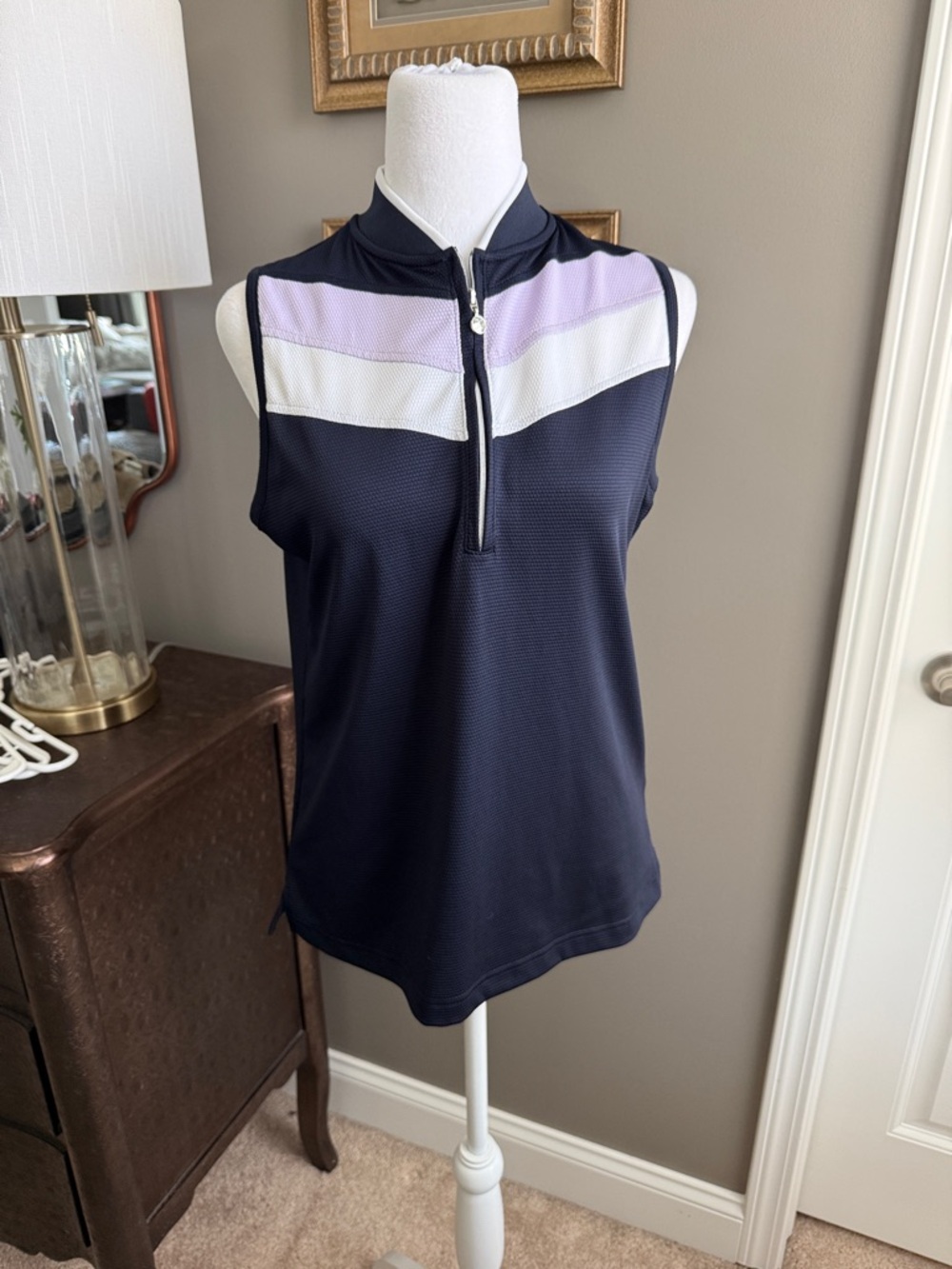 Daily Sports Navy Tank Top with Lavender and White Chevron